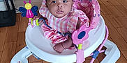 Blessing is registered to the contest to win money with this photo: baby, child, walker, pink, toy, floor, wooden_floor, indoor, curious, clothing, person, furniture, seat, playtime, infant, home, cute, smiling, hair_bow, flooring