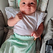 Lyorah participe au concours pour gagner de l'argent avec cette photo : baby, infant, headband, car_seat, clothing, white_shirt, mint_green_pants, socks, face, eyes, hand, seatbelt, baby_toys, indoor, portrait, cute, child, young_baby, soft_lighting, closeup