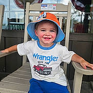 Monty joined the competition — help win amazing prizes! blue_pants, bucket_hat, casual_clothing, chair, child, cute, daylight, happy, hat, outdoor, person, portrait, reflection, sitting, smiling, tshirt, window, wooden_chair, wrangler, young_child