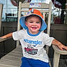 blue_pants, bucket_hat, casual_clothing, chair, child, cute, daylight, happy, hat, outdoor, person, portrait, reflection, sitting, smiling, tshirt, window, wooden_chair, wrangler, young_child