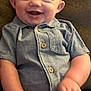 Tyrin is registered to the contest to win money with this photo: baby, child, smiling, happy, sitting, blue_shirt, shorts, couch, indoor, infant, cute, portrait, button_up, young_child, person, skin, human, face, eyes, hands