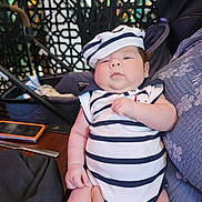 Luka joined the competition — help win amazing prizes! baby, infant, child, striped_clothing, hat, sailor_outfit, person, indoor, table, hand, furniture, stroller, face, cute, chubby, holding, adult_hand, pattern, fabric, portrait