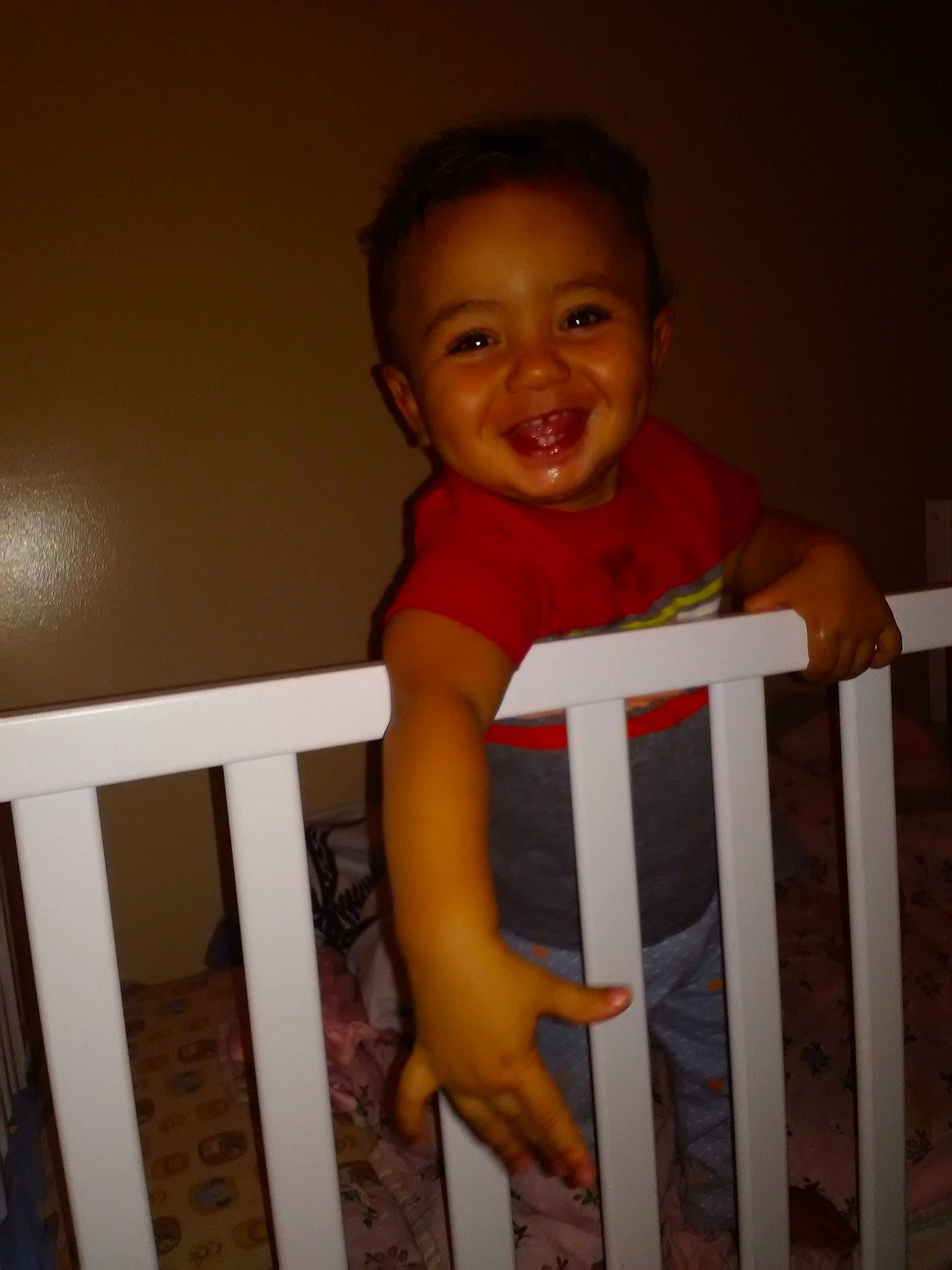 Joseph is registered to the contest to win money with this photo: arm, baby, baby_products, baby_safety, bed, child, furniture, infant_bed, joy, leg, person, product, sitting, skin, smile, standing, toddler