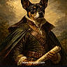 animal, artificial, canine, character, cloak, costume, digital_art, dog, fur, historical_clothing, illustration, leather_belt, painting_style, portrait, posing, regal, ruff, scroll, studio_style, vintage