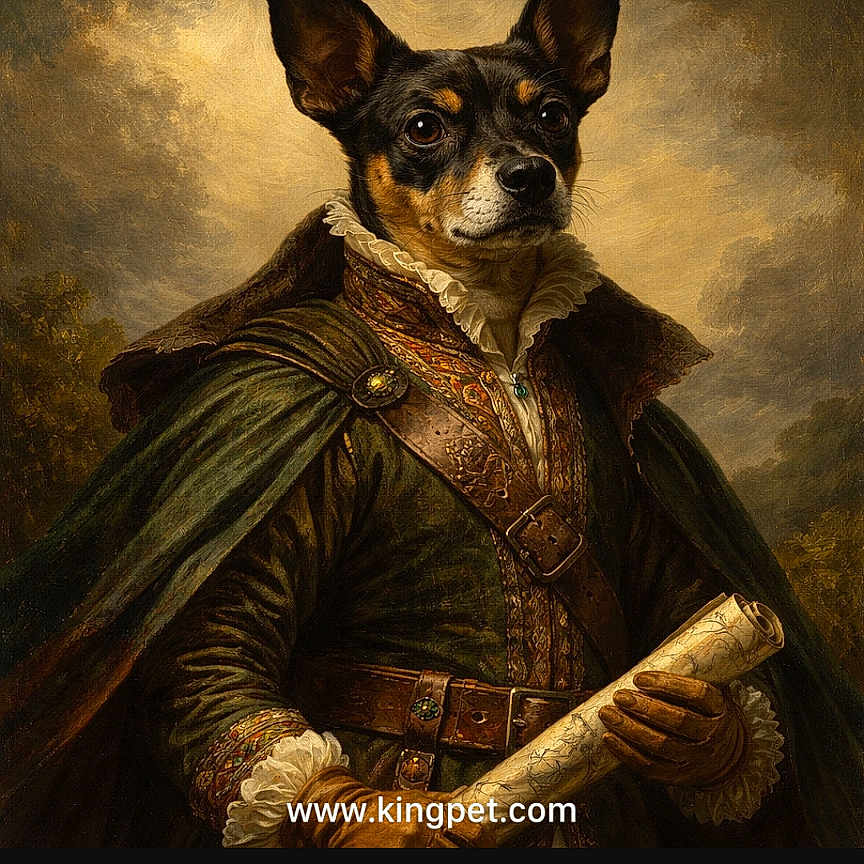 Hujo joined the competition — help win amazing prizes! animal, artificial, canine, character, cloak, costume, digital_art, dog, fur, historical_clothing, illustration, leather_belt, painting_style, portrait, posing, regal, ruff, scroll, studio_style, vintage