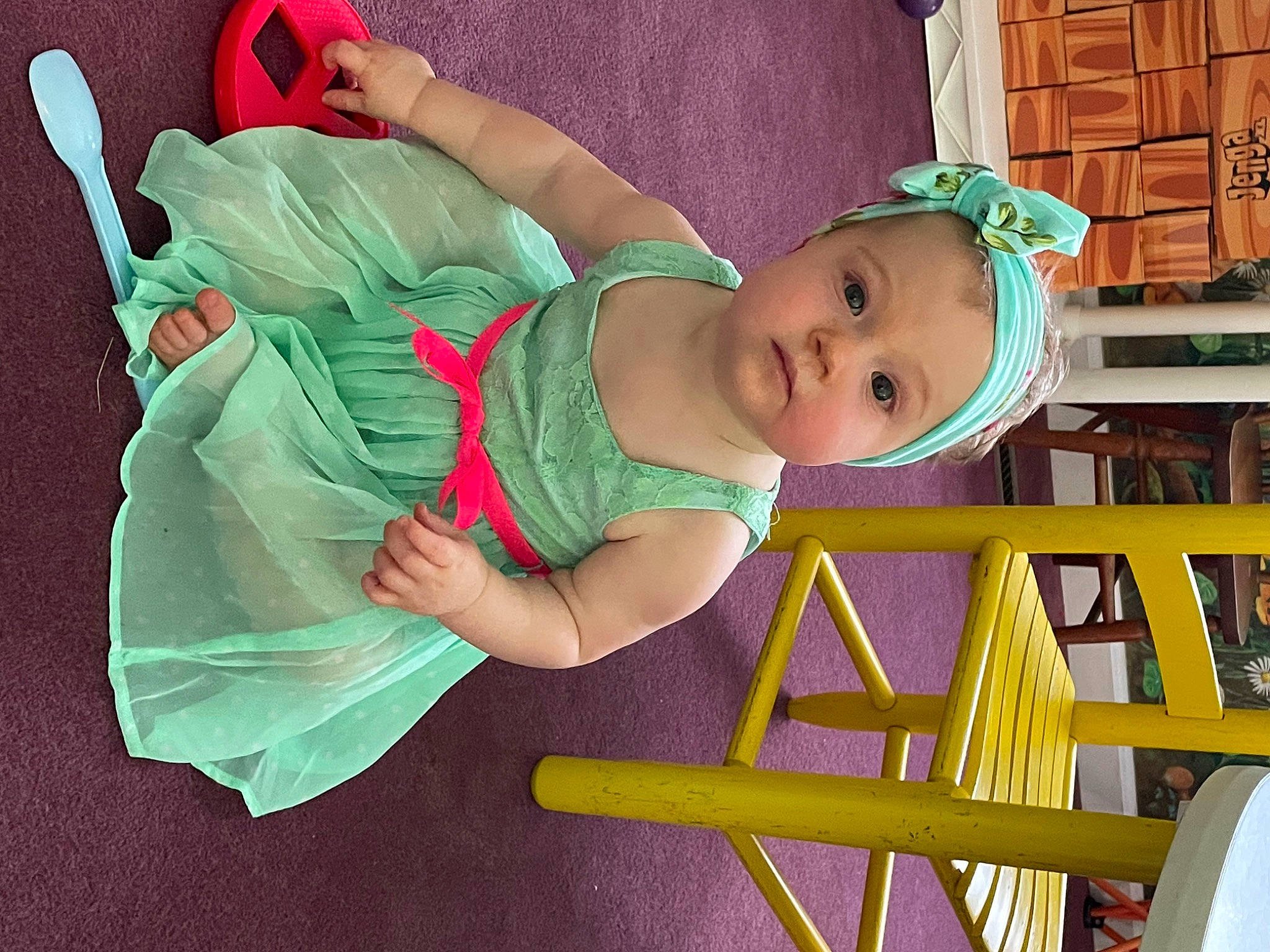 Emery joined the competition — help win amazing prizes! baby, baby_products, baby_safety, baby_toddler_clothing, child, costume, fun, grass, green, happy, headgear, ladder, leisure, magenta, person, play, sitting, sock, toddler, wood