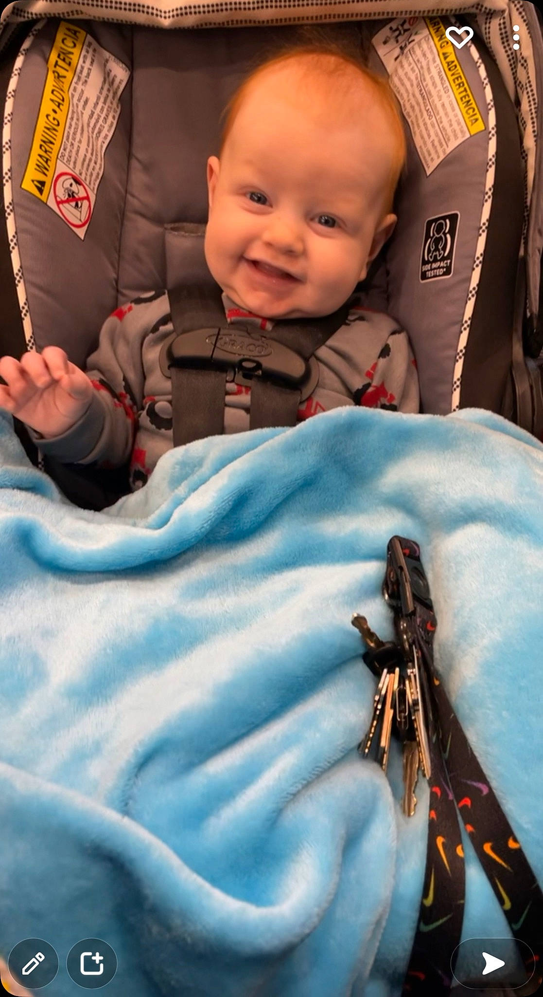 Colt is registered to the contest to win money with this photo: arthropod, baby, baby_products, baby_toddler_clothing, blue, child, comfort, electric_blue, gesture, happy, insect, linens, person, pest, photograph, skin, sleeve, smile, snapshot, textile