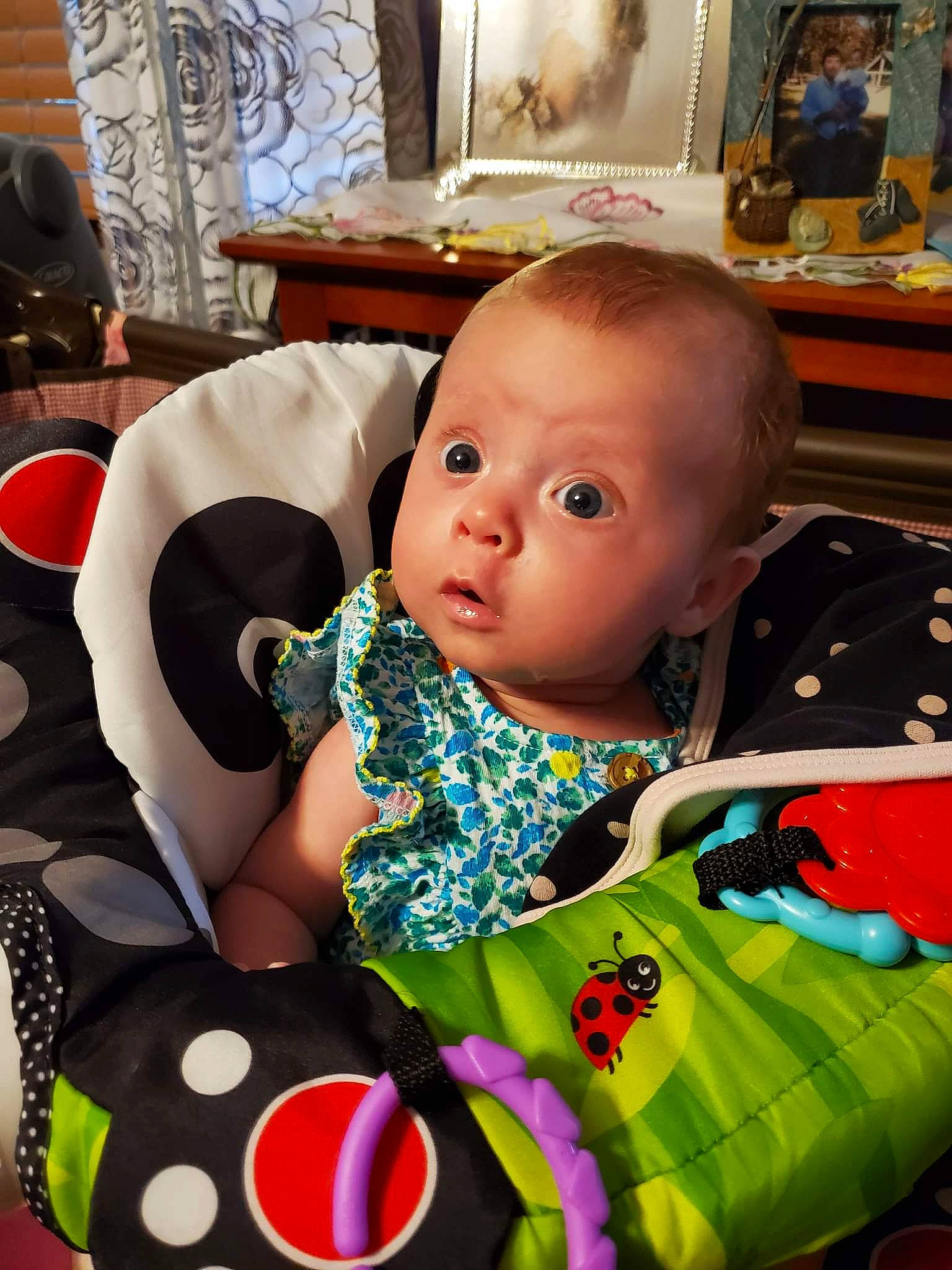 June is registered to the contest to win money with this photo: baby, baby_products, baby_toddler_clothing, baby_toys, bib, chair, cheek, child, comfort, eye, fun, linens, pattern, person, picture_frame, play, room, sitting, stuffed_toy, surprise