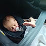 baby, blanket, car_seat, child, closeup, clothing, cute, foot, head, indoor, infant, newborn, pacifier, peaceful, person, resting, seatbelt, skin, sleeping, soft