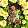 baby, infant, sleeping, flower, green_leaves, nature, cute, peaceful, floral_outfit, newborn, skin, portrait, resting, fresh, soft_light, plant, botanical, adorable, child, relaxation