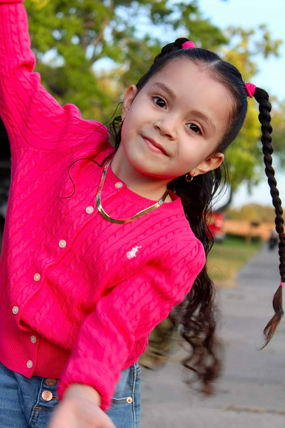 Ariah joined the competition — help win amazing prizes! child, denim, face, fun, grass, happy, jeans, joy, leisure, lip, magenta, people_in_nature, person, pink, recreation, shoulder, skin, sleeve, smile, swing