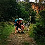 Naïko participe au concours pour gagner de l'argent avec cette photo : hiker, person, dog, husky, backpack, cap, forest, trail, greenery, rocks, nature, outdoor, adventure, crouching, grass, trees, sunlight, cliff, happy, pet