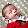 Fabio participe au concours pour gagner de l'argent avec cette photo : baby, infant, face, eyes, hair, red_clothing, bib, patterned_background, lying_down, closeup, cute, expression, soft_lighting, skin, portrait, child, person, indoors, young, head