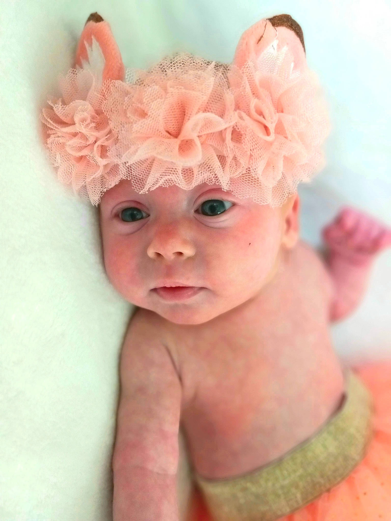 Ensley is registered to the contest to win money with this photo: baby, baby_products, baby_toddler_clothing, cheek, costume_hat, eye, eyebrow, eyelash, face, happy, head, headband, headgear, headpiece, headwear, iris, jewellery, lip, peach, person