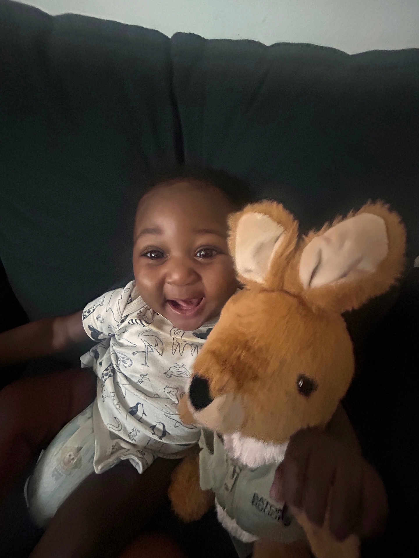 Kaji is registered to the contest to win money with this photo: baby, child, smiling, plush_toy, kangaroo, stuffed_animal, couch, indoor, happy, cute, infant, clothing, short_sleeves, dark_background, person, seated, toy, soft_toy, face, joy