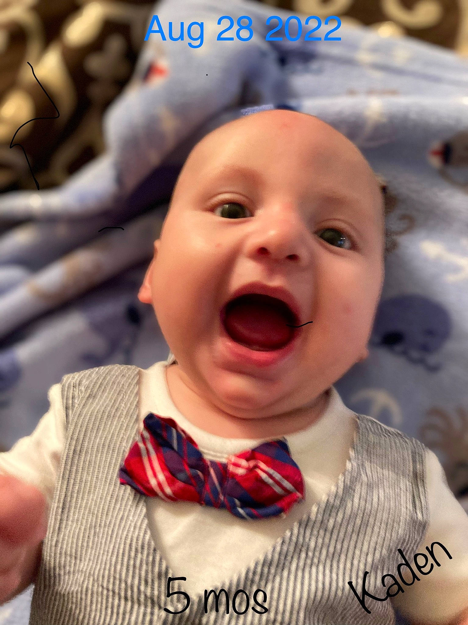 Kaden is registered to the contest to win money with this photo: baby, baby_laughing, baby_toddler_clothing, bow_tie, cheek, chin, collar, fun, gesture, happy, head, headwear, jaw, lip, mouth, nose, person, skin, smile, tie
