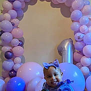 Aurelia is registered to the contest to win money with this photo: arch, baby, balloons, birthday, bow, celebration, child, cute, decorations, dress, floor, happy, indoors, number_one, party, pink, purple, smile, toddler, tongue_out