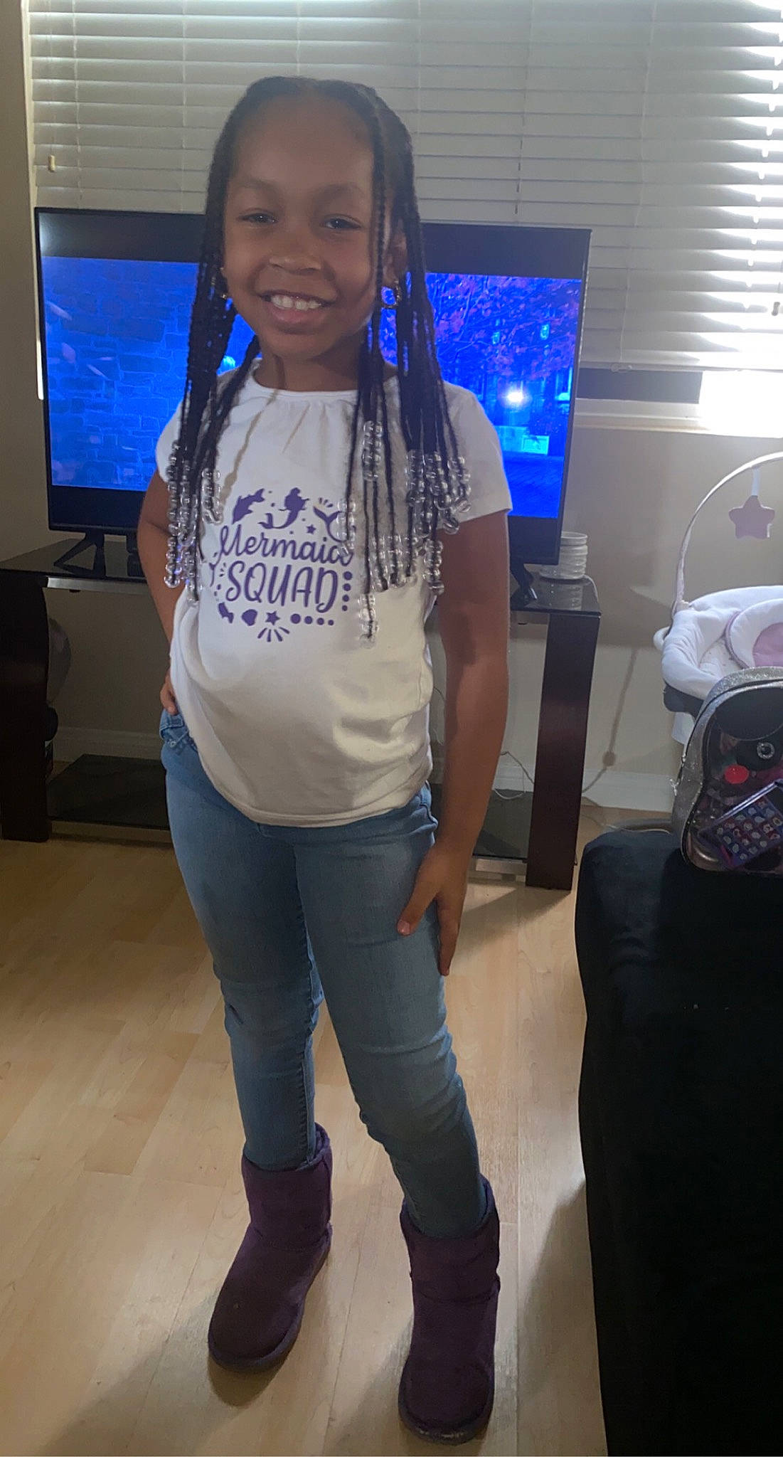 Amari joined the competition — help win amazing prizes! audio_equipment, electric_blue, entertainment, event, face, fashion, fashion_design, fun, hair, jeans, joy, leg, long_hair, person, shoulder, smile, t_shirt, television, thigh, trunk