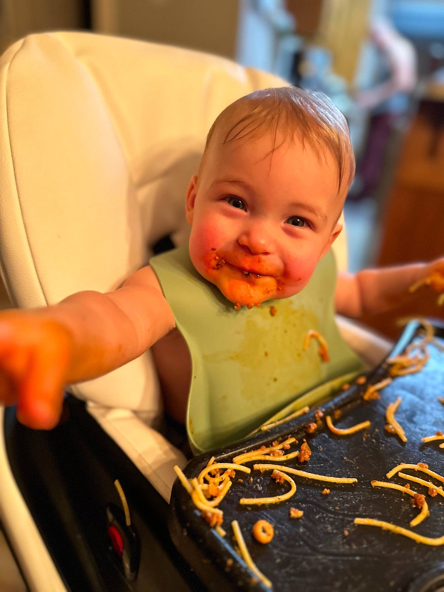 Delilah joined the competition — help win amazing prizes! baby, baby_products, bathing, chair, cheek, child, comfort, comfort_food, event, facial_expression, finger, fun, happy, joy, mouth, person, room, seat_belt, sitting, smile