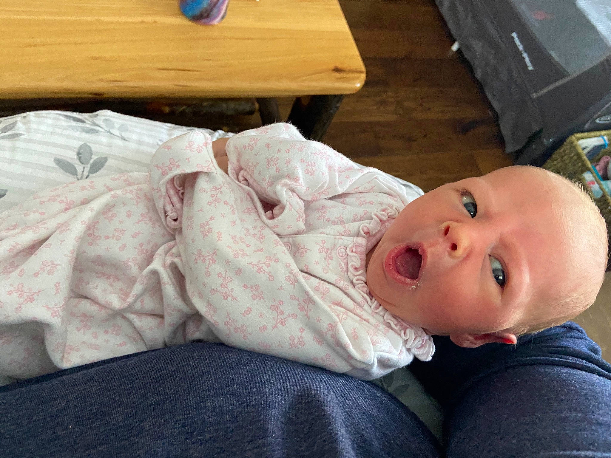 Amalia is registered to the contest to win money with this photo: baby, baby_toddler_clothing, cheek, child, comfort, flooring, fur, hardwood, iris, linens, lip, nose, person, sitting, sleeve, smile, toddler, tree, varnish, wood