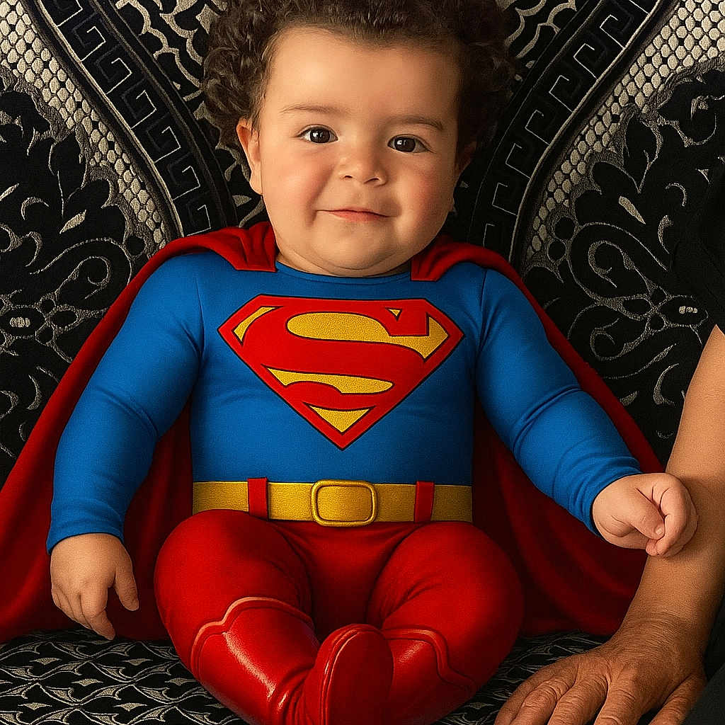 Ilyes-Zayn participe au concours pour gagner de l'argent avec cette photo : baby, blue_suit, child, costume, couch, curly_hair, cute, hand, happy, indoor, patterned_fabric, person, portrait, red_boots, red_cape, sitting, smiling, superhero, superman_costume, yellow_belt