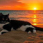 Rafale a rejoint le concours — aidez-le/la à gagner de superbes lots ! animal, beach, black_and_white, calm, cat, evening, feline, nature, ocean, outdoor, pet, relaxing, sand, scenic, serene, sky, sun, sunset, water, wildlife