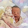 Haizlee is registered to the contest to win money with this photo: baby, newborn, infant, blanket, swaddle, sleeping, closed_eyes, pastel_background, sparkles, clouds, bokeh, hair, face, mouth_open, cozy, portrait, bedding, soft_texture, nursery, cute
