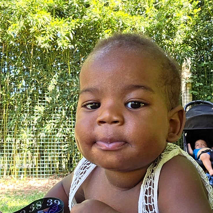 Ethan a rejoint le concours — aidez-le/la à gagner de superbes lots ! baby, background, child, clothing, cute, expression, face, fence, greenery, leaves, nature, outdoor, person, playing, portrait, stroller, summer, sunlight, toddler, young_child