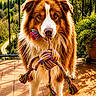 dog, toy, rope, pet, outdoor, terrace, sunlight, fence, greenery, plant, paws, fur, brown, white, portrait, animal, playful, closeup, floor_tiles, nature