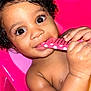 baby, child, tub, pink, comb, wet_hair, curly_hair, hands, face, large_eyes, bath, water, skin, chewing, cute, indoors, paper_towel, background, playful, closeup