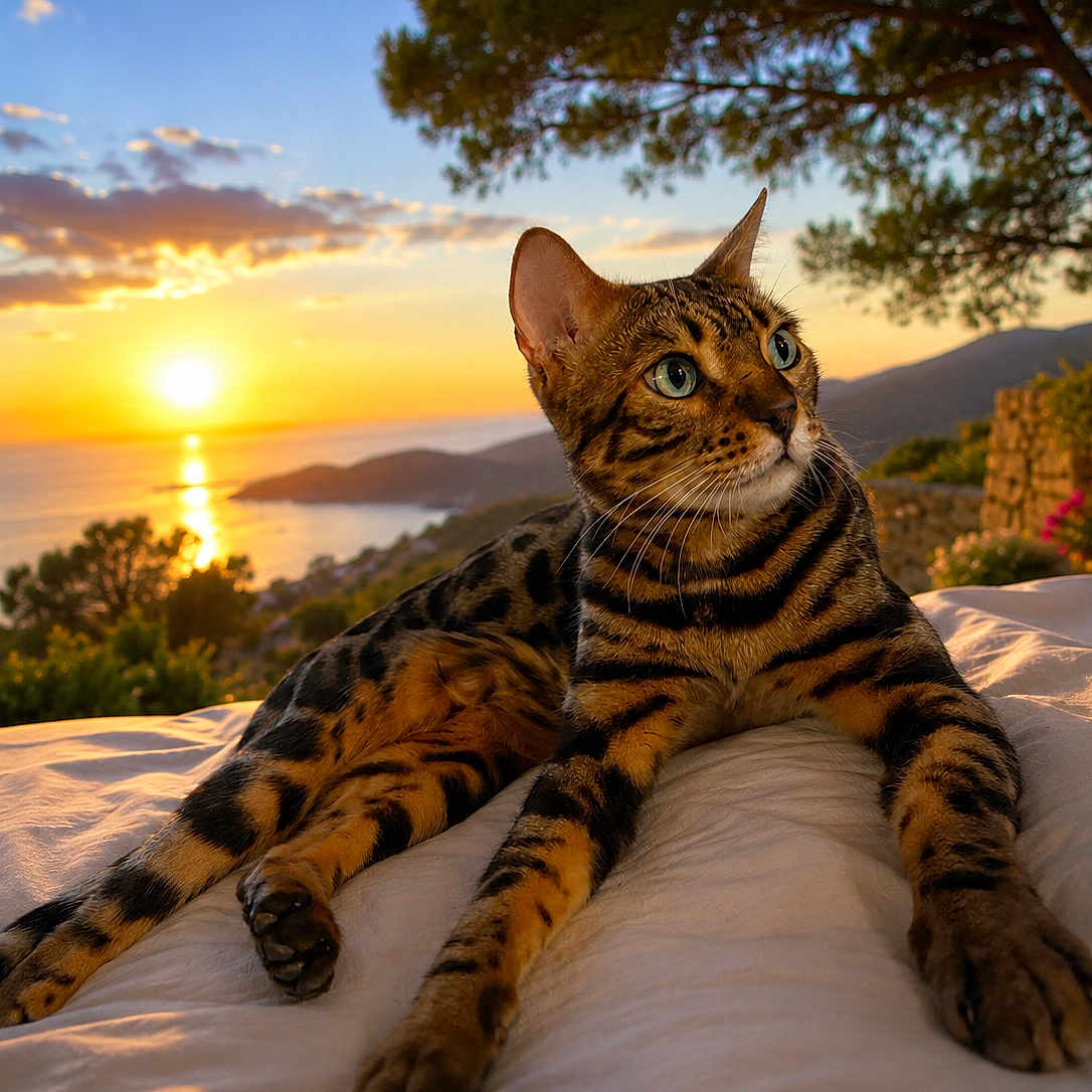Up To You a rejoint le concours — aidez-le/la à gagner de superbes lots ! animal, bed, bengal_cat, black_stripes, blue_eyes, cat, clouds, feline, hills, indoor, landscape, nature, ocean, orange, pet, relaxing, sky, sunset, trees, window