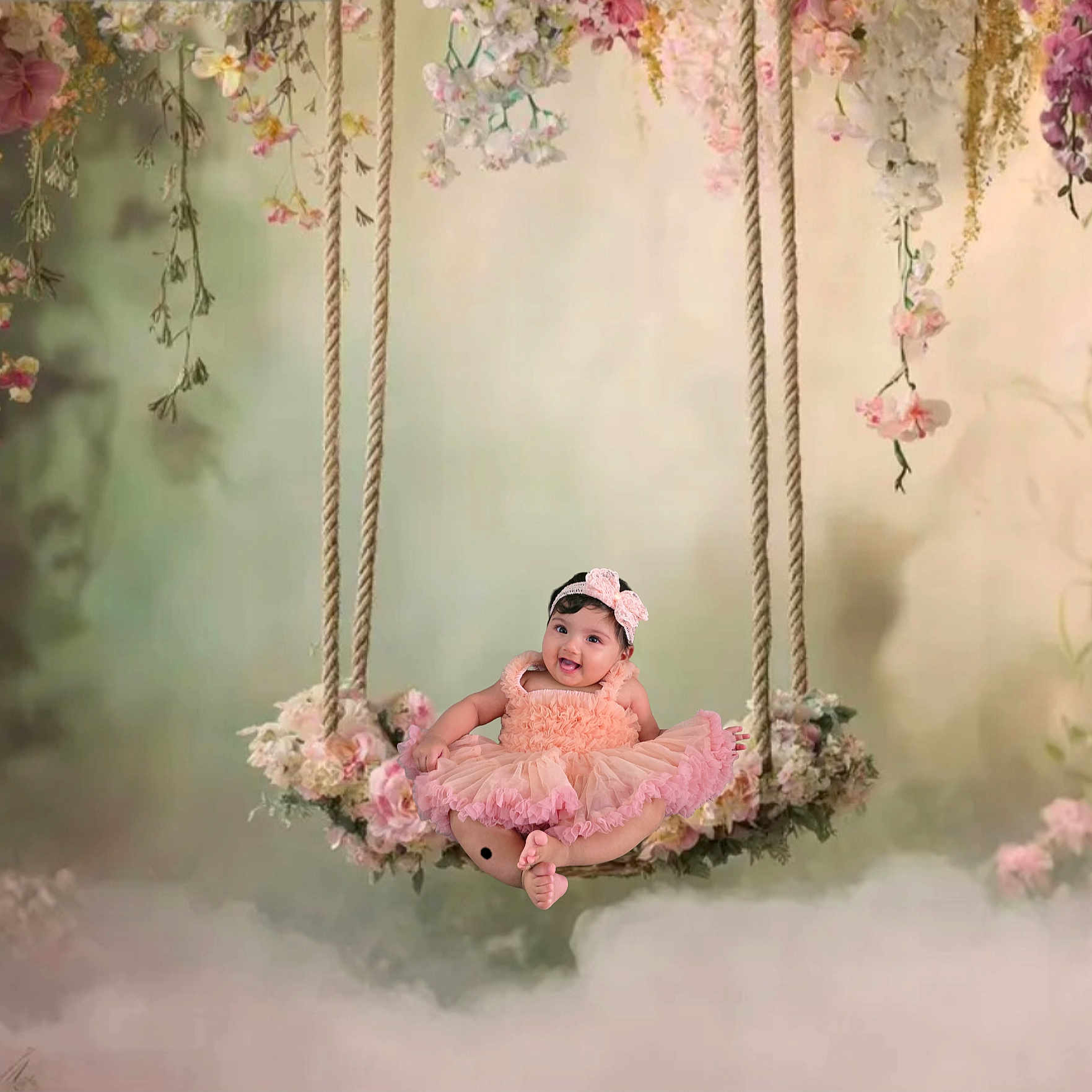 Arna is registered to the contest to win money with this photo: baby, background, child, cute, decor, dress, floral, flowers, happy, headband, indoors, infant, mist, pink, playful, portrait, rope, smile, soft_light, swing