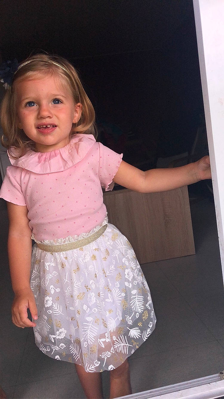 Julia Fouche participe au concours pour gagner de l'argent avec cette photo : arm, baby_toddler_clothing, cheek, day_dress, embellishment, eye, gesture, hairstyle, hand, human_body, joint, leg, neck, one_piece_garment, person, pink, shoulder, sleeve, smile, toddler