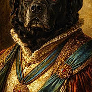 Shadow joined the competition — help win amazing prizes! animal_portrait, black_dog, canine, costume, decoration, dignified, dog, fabric, fancy, gold_embroidery, historical_style, luxury, medallion, noble, ornate, portrait, regal, royal_clothing, solemn, tassels