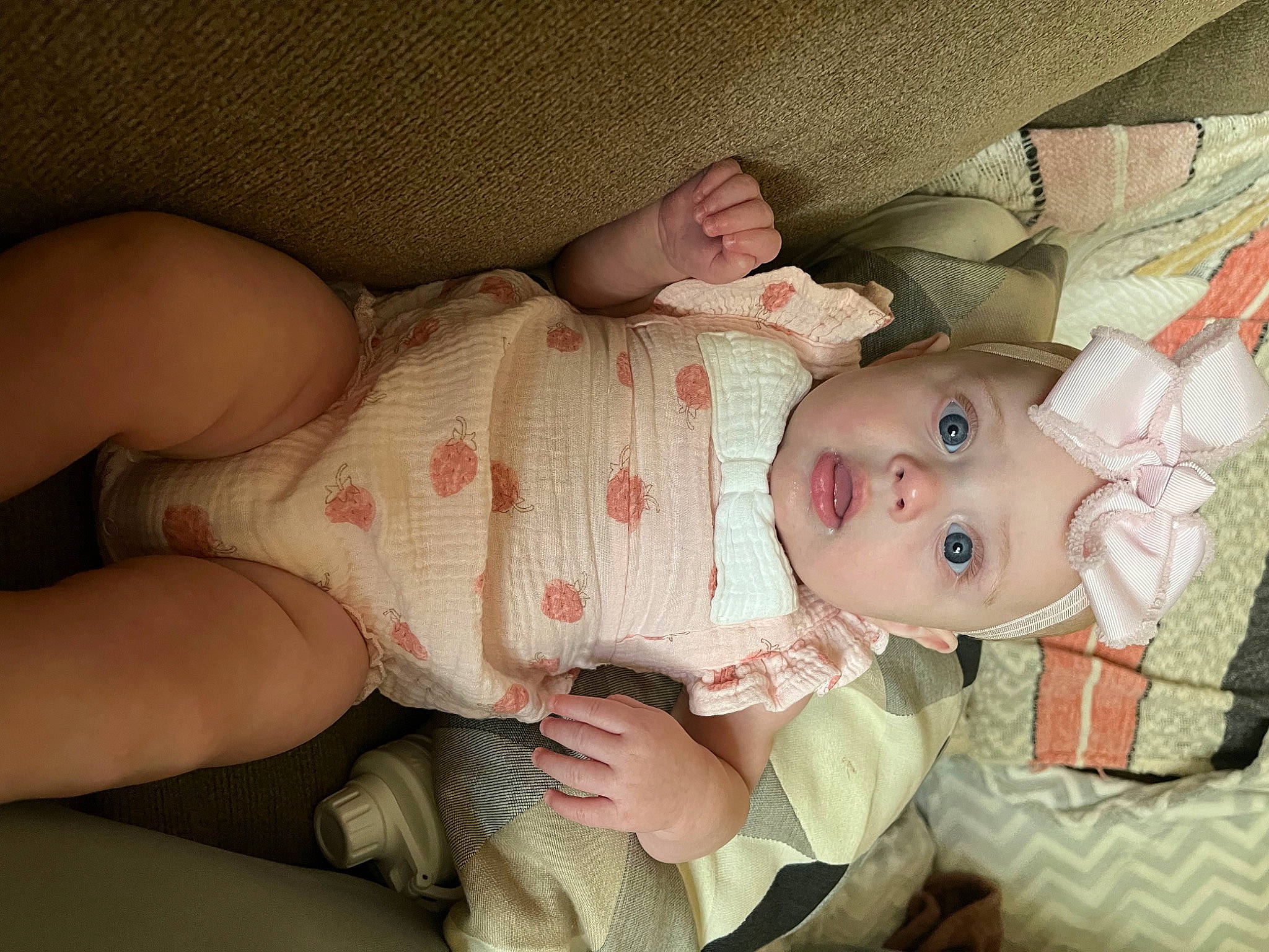 Aubrey joined the competition — help win amazing prizes! baby, baby_products, baby_toddler_clothing, cheek, chest, comfort, eye, face, finger, hand, head, headgear, headwear, human_body, leg, lip, mouth, person, skin, sleeve