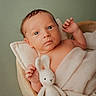 newborn, baby, infant, plush_toy, bunny, wooden_bowl, blanket, wrapped, portrait, soft_texture, calm, cute, child, sleepy, cozy, indoor, green_background, skin, small_hands, lying_down