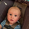 baby, child, infant, car_seat, harness, portrait, face, blue_eyes, wide_eyed, sitting, striped_shirt, clothing, indoor, vehicle, safety, close_up, looking_at_camera, head, photography, cute