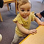 toddler, child, indoor, yellow_top, patterned_pants, standing, table, carpet, curious, person, furniture, hand, face, short_hair, leaning, young_child, casual_clothing, floor, footwear, room