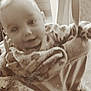baby, child, jumper, smile, face, indoor, vintage, sepia, furniture, chair, carpet, clothing, person, blur, nostalgia, play, babywear, hanging, happy, infant