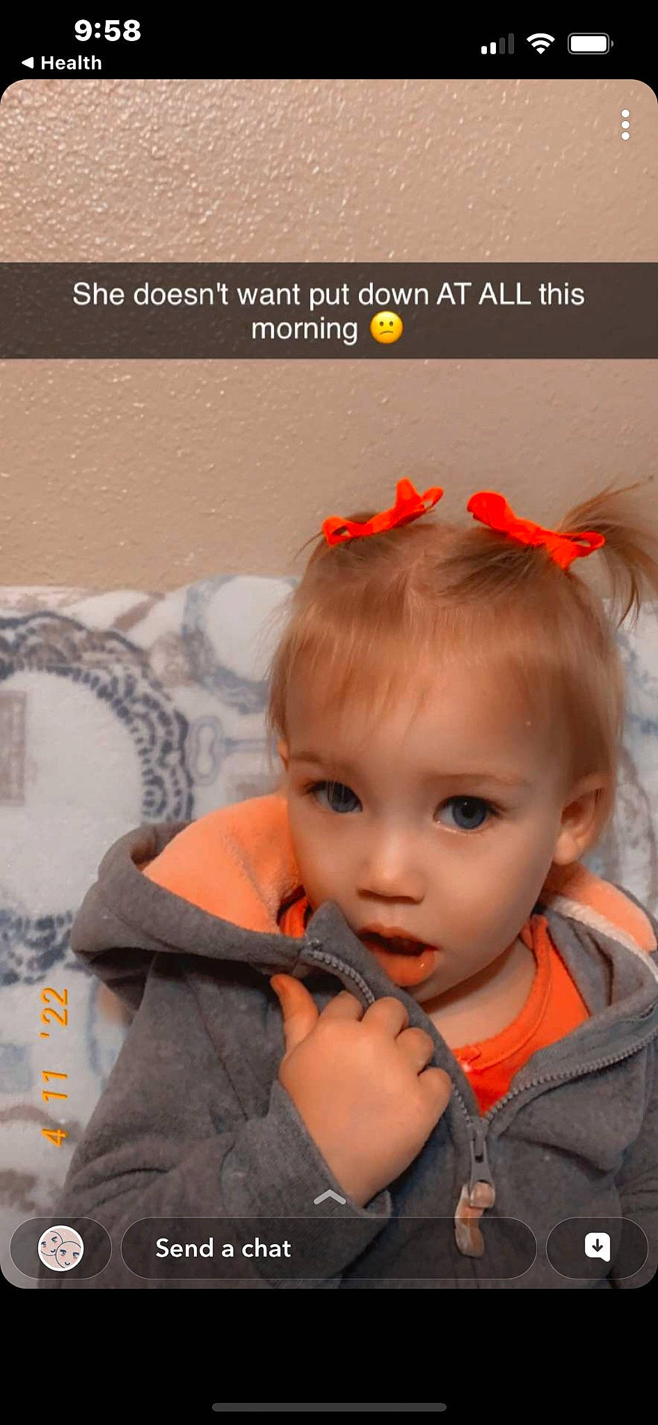 Briella joined the competition — help win amazing prizes! baby, blond, brown_hair, chair, cheek, child, chin, eyebrow, eyelash, fashion_accessory, font, fun, fur, happy, iris, nose, orange, person, photo_caption, sleeve