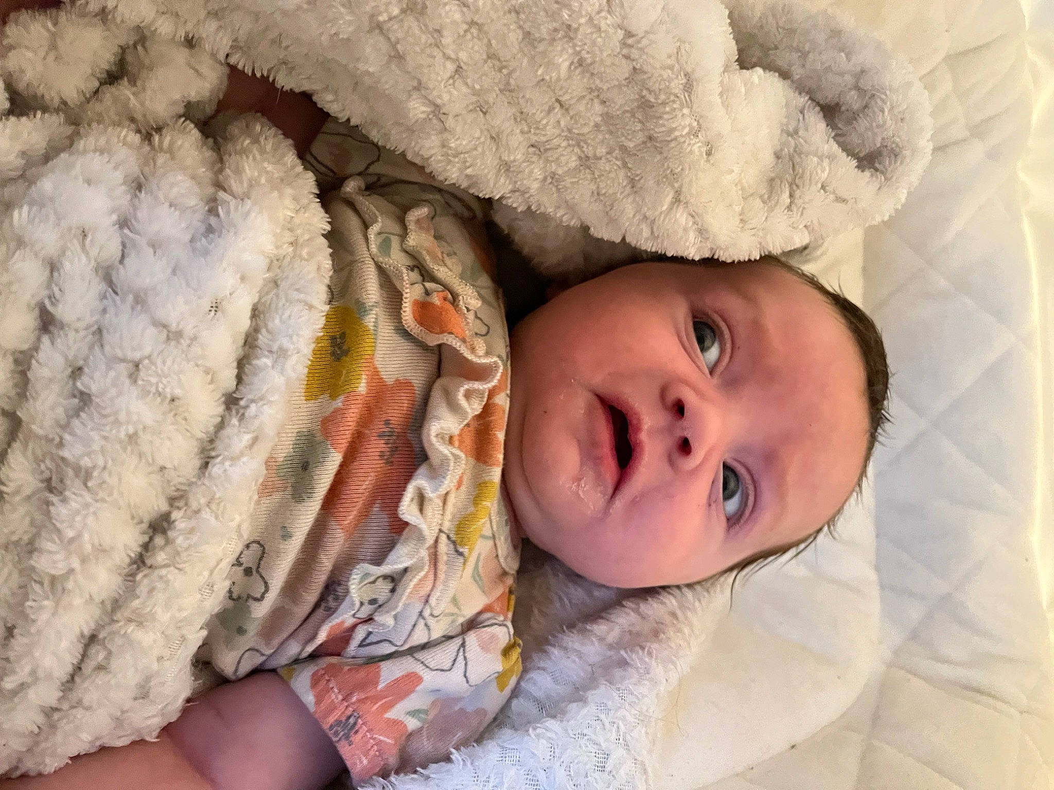 Adalynn joined the competition — help win amazing prizes! baby, baby_toddler_clothing, bedtime, cheek, child, close_up, comfort, eye, eyelash, head, iris, linens, mammal, nose, person, room, skin, textile, toddler, wood