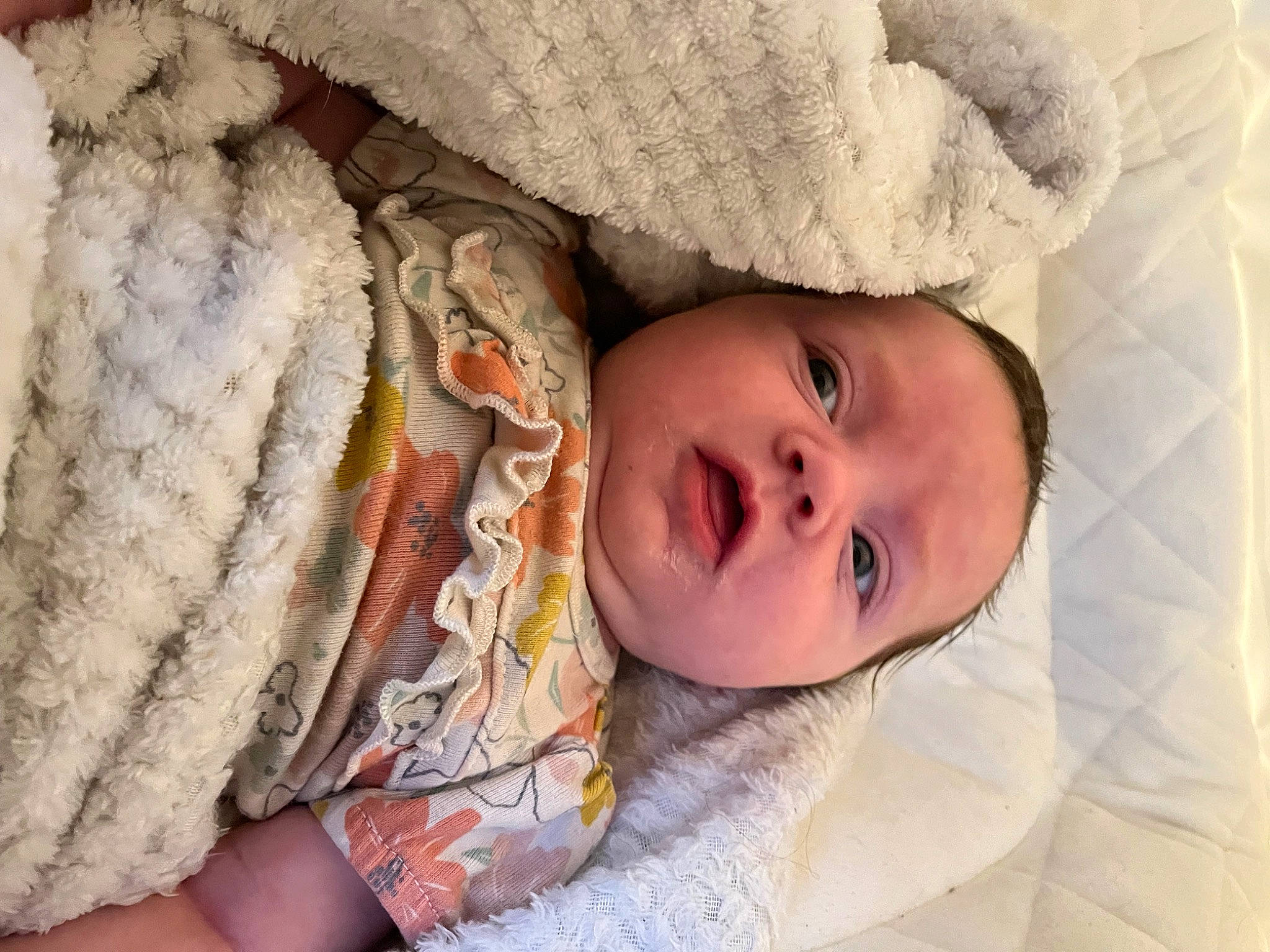 Adalynn is registered to the contest to win money with this photo: baby, baby_toddler_clothing, cheek, child, close_up, comfort, eye, eyebrow, eyelash, face, happy, head, headgear, iris, linens, nose, person, skin, textile, toddler