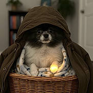 Aryanna is registered to the contest to win money with this photo: basket, black_and_white, blanket, blanket_pattern, canine, coat, cozy, dog, fur, furniture, glow, hood, indoor, paw, pet, plant, portrait, sitting, warm, wicker