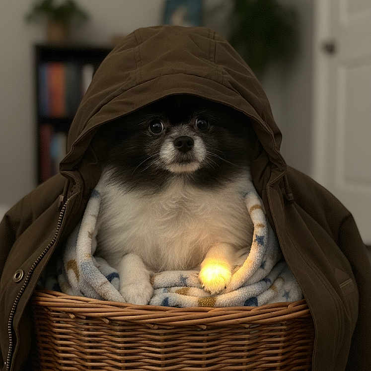 Aryanna is registered to the contest to win money with this photo: basket, black_and_white, blanket, blanket_pattern, canine, coat, cozy, dog, fur, furniture, glow, hood, indoor, paw, pet, plant, portrait, sitting, warm, wicker