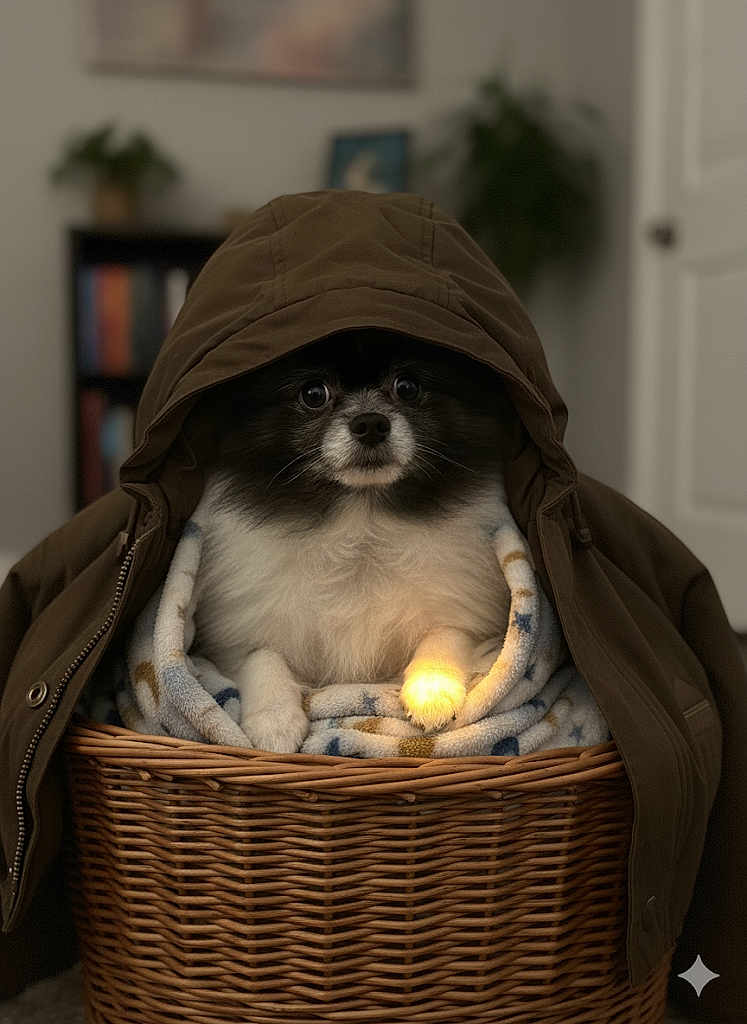 Aryanna is registered to the contest to win money with this photo: basket, black_and_white, blanket, blanket_pattern, canine, coat, cozy, dog, fur, furniture, glow, hood, indoor, paw, pet, plant, portrait, sitting, warm, wicker