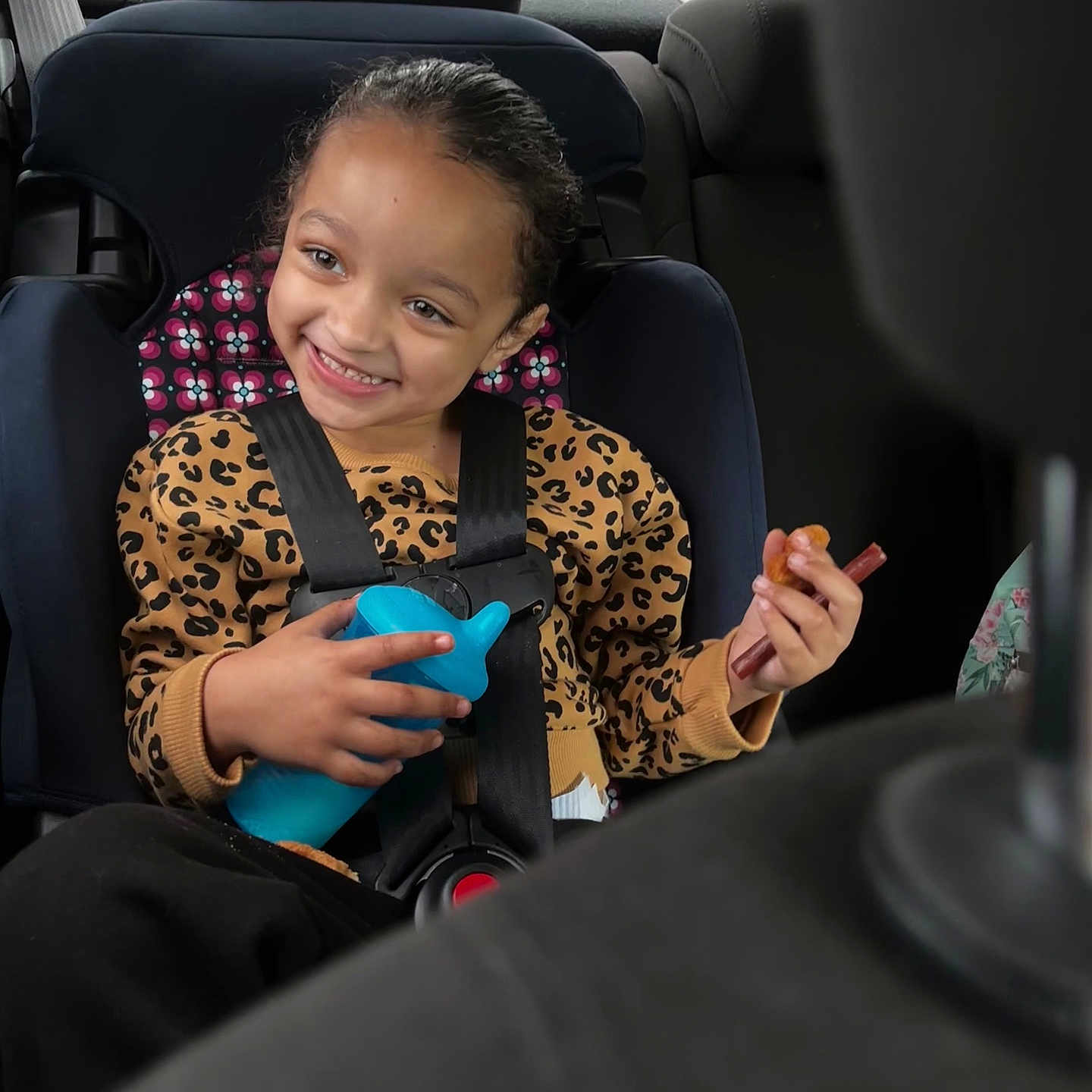 Miyah is registered to the contest to win money with this photo: backseat, car_seat, casual_clothing, child, child_in_car, daylight, hair, hands, happy, leopard_print, portrait, safety, seat_headrest, seatbelt, sippy_cup, smiling, snack, vehicle_interior, window, young_girl