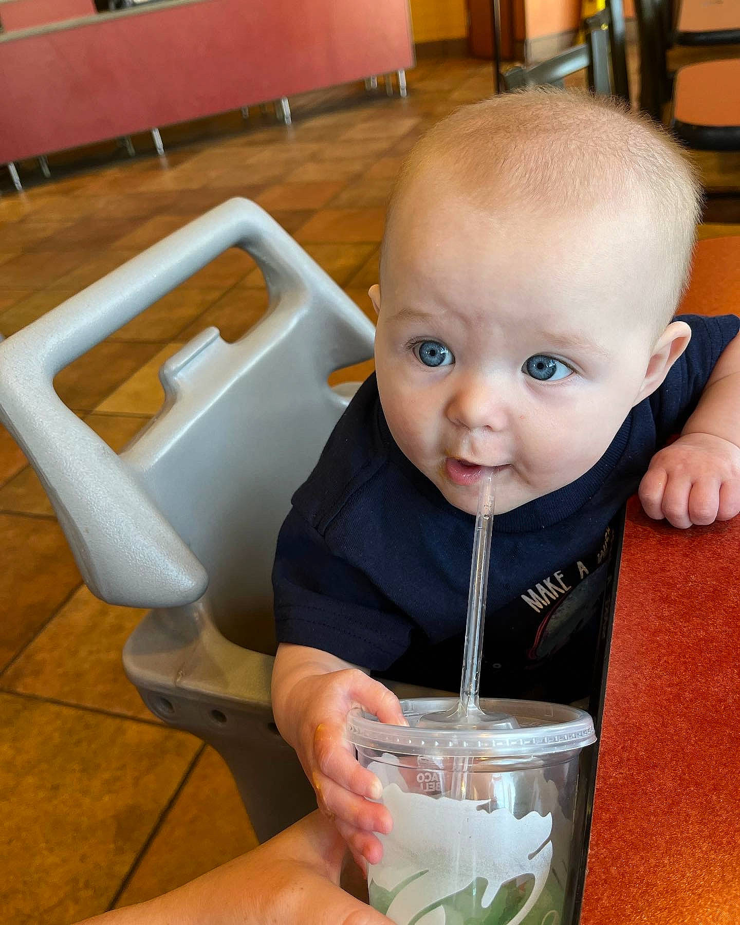Gracelynn joined the competition — help win amazing prizes! baby, baby_products, baby_toddler_clothing, chair, child, drink, drinking, drinking_straw, drinkware, flooring, fun, glass, ice_cube, non_alcoholic_beverage, person, play, product, rickey, sitting, toddler