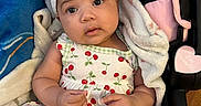 Blue Dream is registered to the contest to win money with this photo: baby, infant, child, headband, bow, dress, cherry_pattern, blanket, car_seat, blue_background, curious, sitting, cute, soft_texture, indoors, portrait, clothing, person, young, adorable