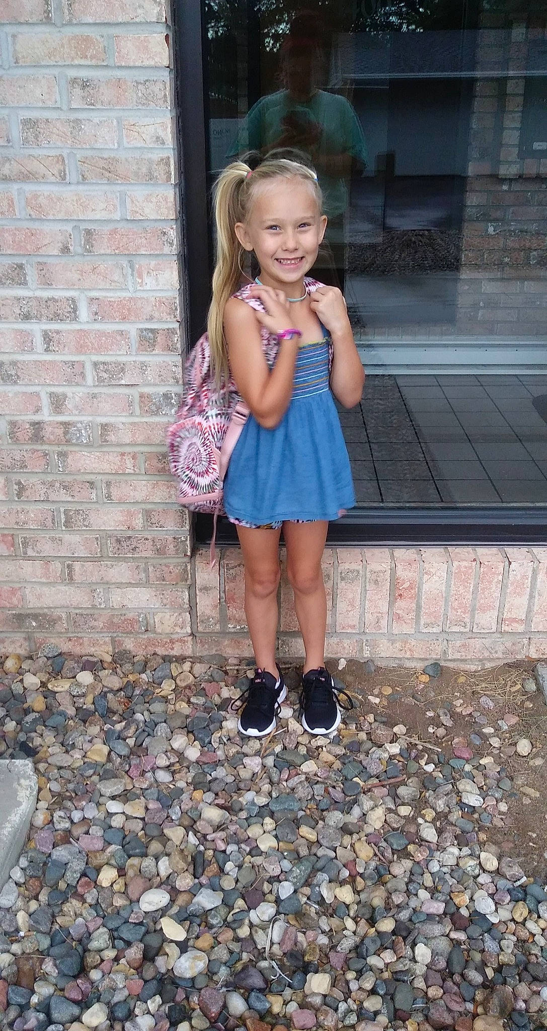 Sofiya is registered to the contest to win money with this photo: beauty, clothing, day_dress, dress, electric_blue, flooring, hair, human_leg, joy, leg, organ, pattern, person, road_surface, sandal, sneakers, street_fashion, textile, thigh, toddler