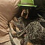 dog, hat, green_hat, couch, pillow, blanket, leather, relaxed, pet, indoor, resting, fur, black, brown, white, spotted, animal, companion, cute, accessory